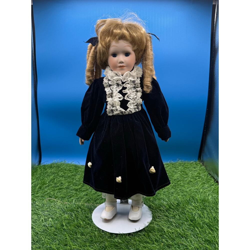 Vintage Porcelain Collector Doll - Navy Blue Velvet Dress w/ Lace Ruffle Collar